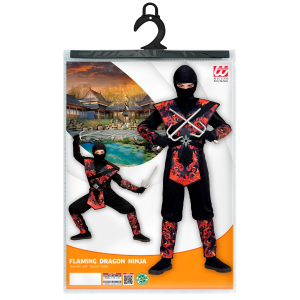 VESTITO CARNEVALE + ACCESSORI NINJA DRAGO IN FIAMME SPADA GIAPPONESE TRAVESTIMENTO 8/10 ANNI - 0563+2728Q
