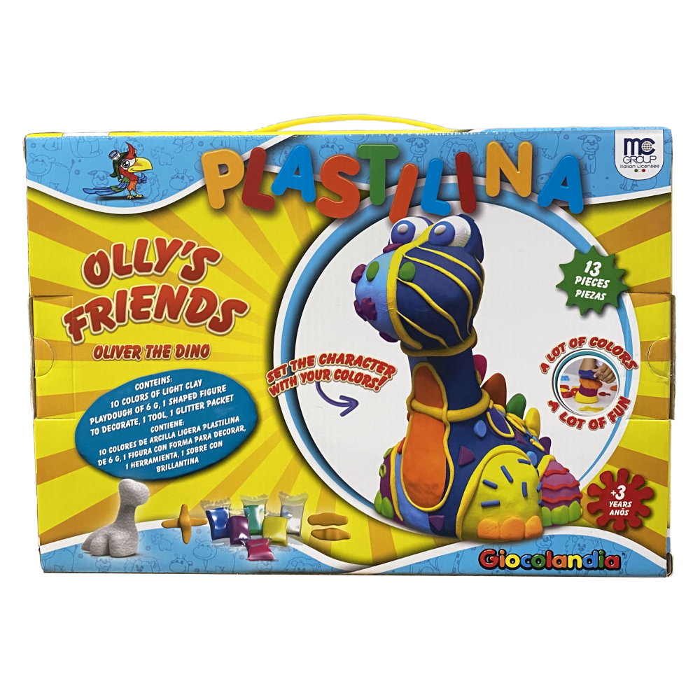 SET ATTIVITA' 13 PEZZI BAMBINO OLIVER IL DINOSAURO PLASTILINA 10 COLORI GLITTER STRUMENTI PER MODELLARE - OK0021