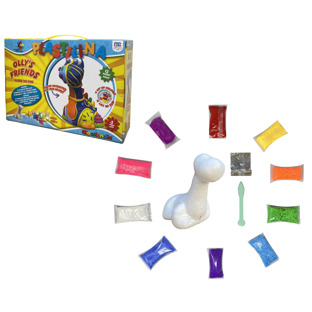 SET ATTIVITA' 13 PEZZI BAMBINO OLIVER IL DINOSAURO PLASTILINA 10 COLORI GLITTER STRUMENTI PER MODELLARE - OK0021