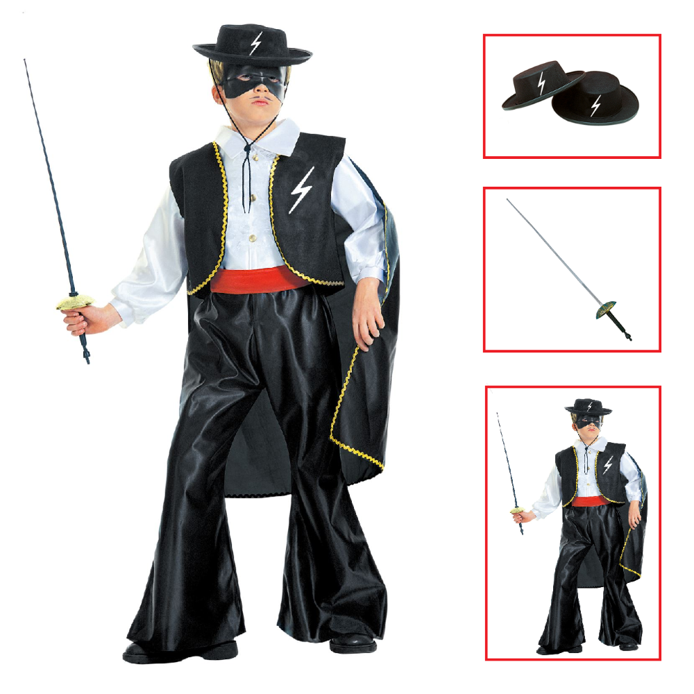 VESTITO CARNEVALE + ACCESSORI ZORRO BANDITO MASCHERATO COSTUME CAPPELLO FIORETTO 11/13 ANNI TRAVESTIMENTO - 3867+6765Z+3411Z
