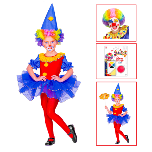 VESTITO CARNEVALE + ACCESSORI CLOWN BALLERINA COSTUME PARRUCCA SET TRUCCO CON NASO 4/5 ANNI TRAVESTIMENTO - 4377+74590+4044N