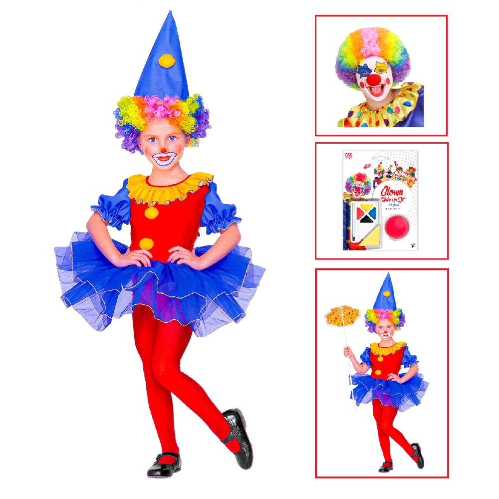 VESTITO CARNEVALE + ACCESSORI CLOWN BALLERINA COSTUME PARRUCCA SET TRUCCO CON NASO 4/5 ANNI TRAVESTIMENTO - 4377+74590+4044N