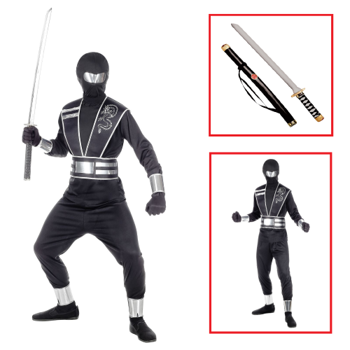 VESTITO CARNEVALE + ACCESSORI MIRROR NINJA COSTUME SPADA GIAPPONESE 11/13 ANNI TRAVESTIMENTO - 0011+2727N