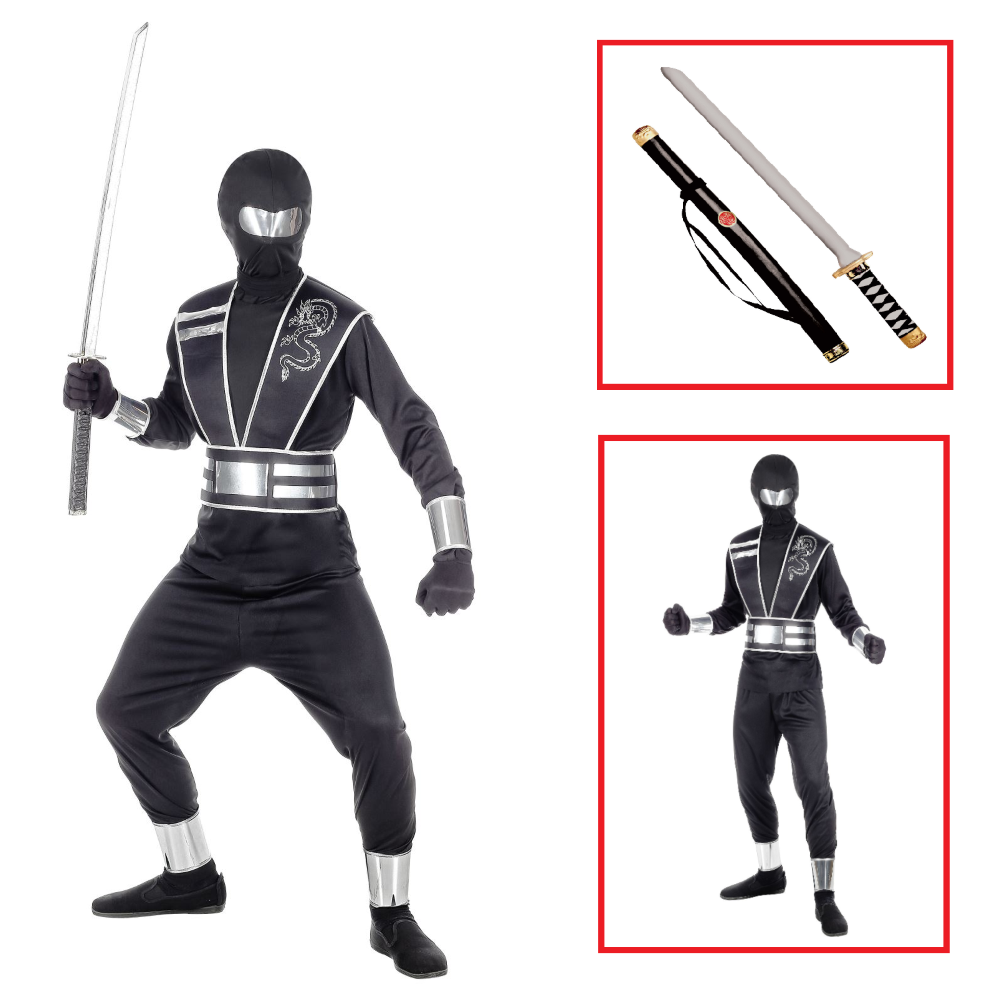 VESTITO CARNEVALE + ACCESSORI MIRROR NINJA COSTUME SPADA GIAPPONESE 11/13 ANNI TRAVESTIMENTO - 0011+2727N