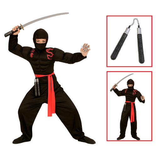 VESTITO CARNEVALE + ACCESSORI SUPER NINJA MUSCOLOSO COSTUME NUNCHAKU 8/10 ANNI TRAVESTIMENTO - 0052+6766N