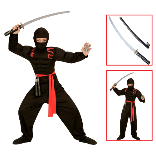 VESTITO CARNEVALE + ACCESSORI SUPER NINJA MUSCOLOSO COSTUME SPADA GIAPPONESE 11/13 ANNI TRAVESTIMENTO - 0052+2728Q