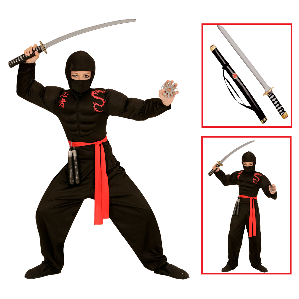VESTITO CARNEVALE + ACCESSORI SUPER NINJA MUSCOLOSO COSTUME SPADA GIAPPONESE 5/7 ANNI TRAVESTIMENTO - 0052+2727N