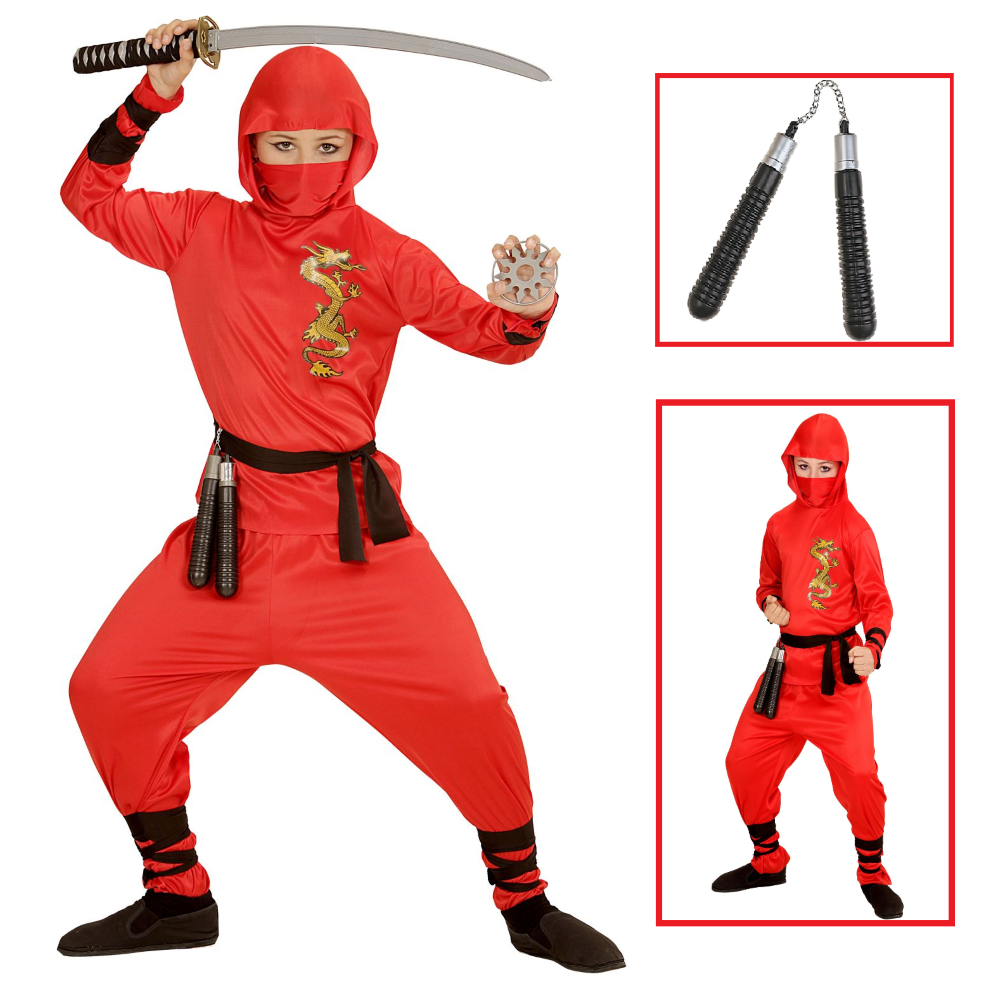 VESTITO CARNEVALE + ACCESSORI RED DRAGON NINJA COSTUME NUNCHAKU 5/7 ANNI TRAVESTIMENTO - 0133+6766N