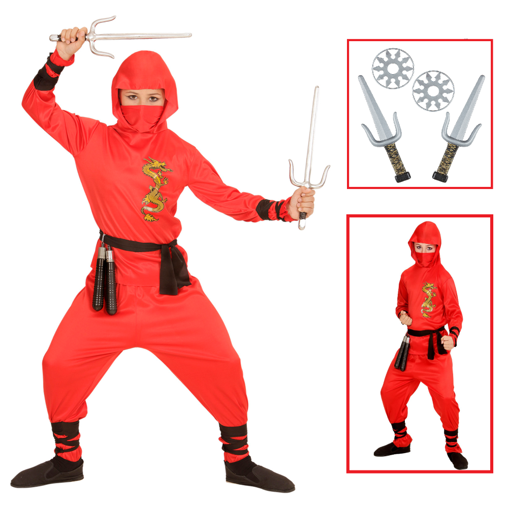 VESTITO CARNEVALE + ACCESSORI RED DRAGON NINJA COSTUME SET ARMI NINJA 8/10 ANNI TRAVESTIMENTO - 0133+01205