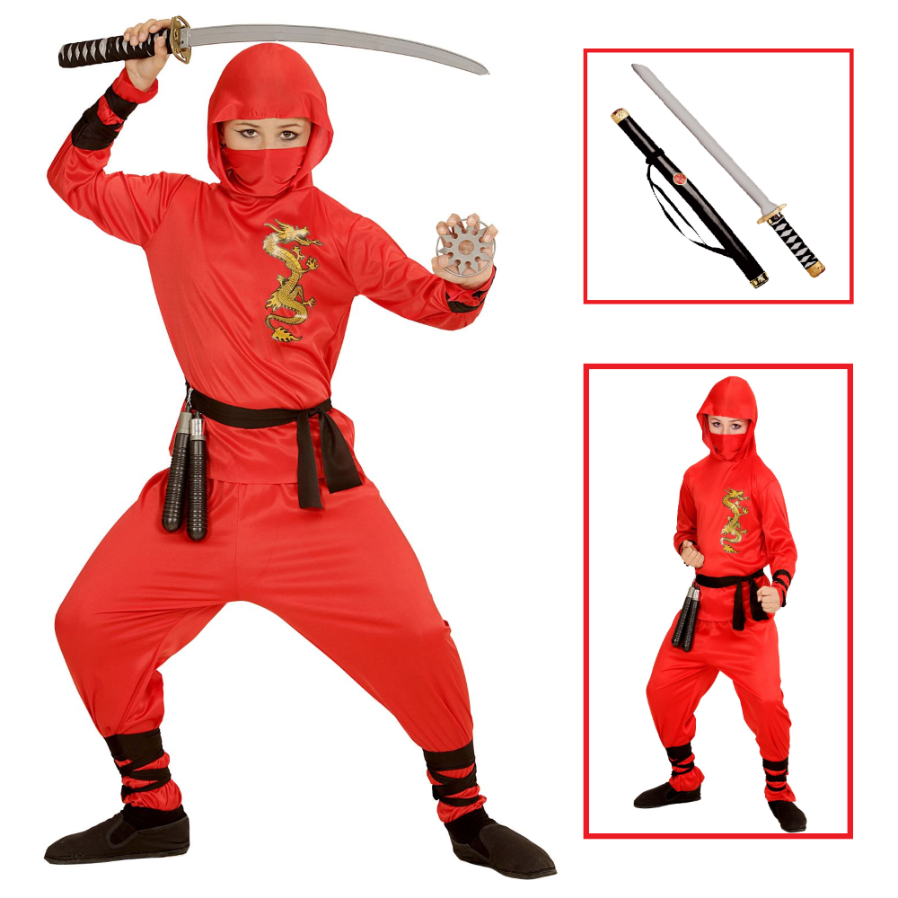 VESTITO CARNEVALE + ACCESSORI RED DRAGON NINJA COSTUME SPADA GIAPPONESE 2/3 ANNI TRAVESTIMENTO - 0133+2727N