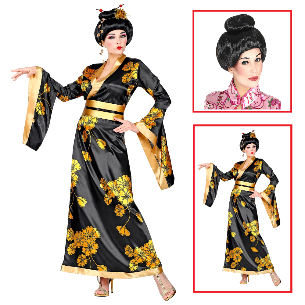 VESTITO CARNEVALE + ACCESSORI GEISHA KIMONO PARRUCCA TRAVESTIMENTO DONNA XL