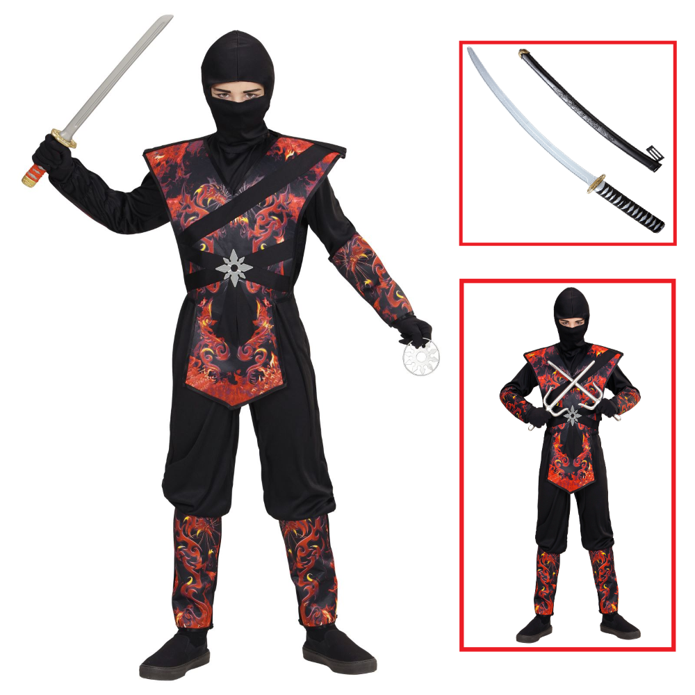 VESTITO CARNEVALE + ACCESSORI NINJA DRAGO IN FIAMME SPADA GIAPPONESE TRAVESTIMENTO 8/10 ANNI - 0563+2728Q
