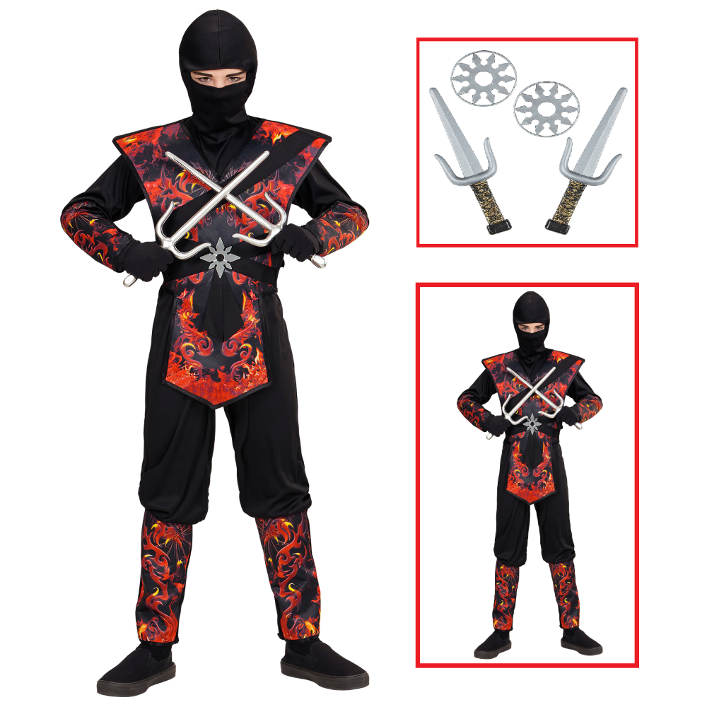 VESTITO CARNEVALE + ACCESSORI NINJA DRAGO IN FIAMME SET ARMI NINJA TRAVESTIMENTO 11/13 ANNI - 0563+01205