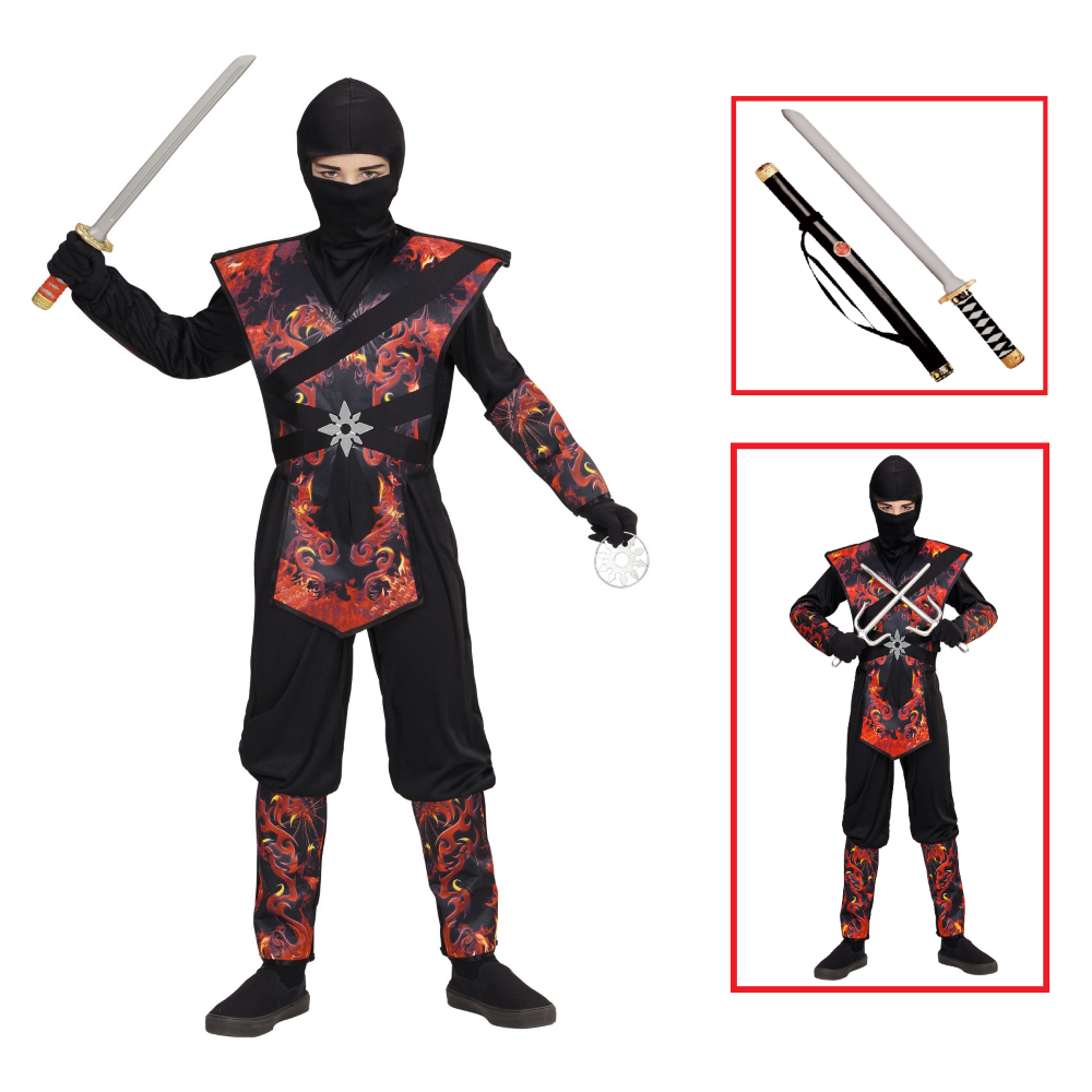 VESTITO CARNEVALE + ACCESSORI NINJA DRAGO IN FIAMME SPADA TRAVESTIMENTO 11/13 ANNI - 0563+2727N