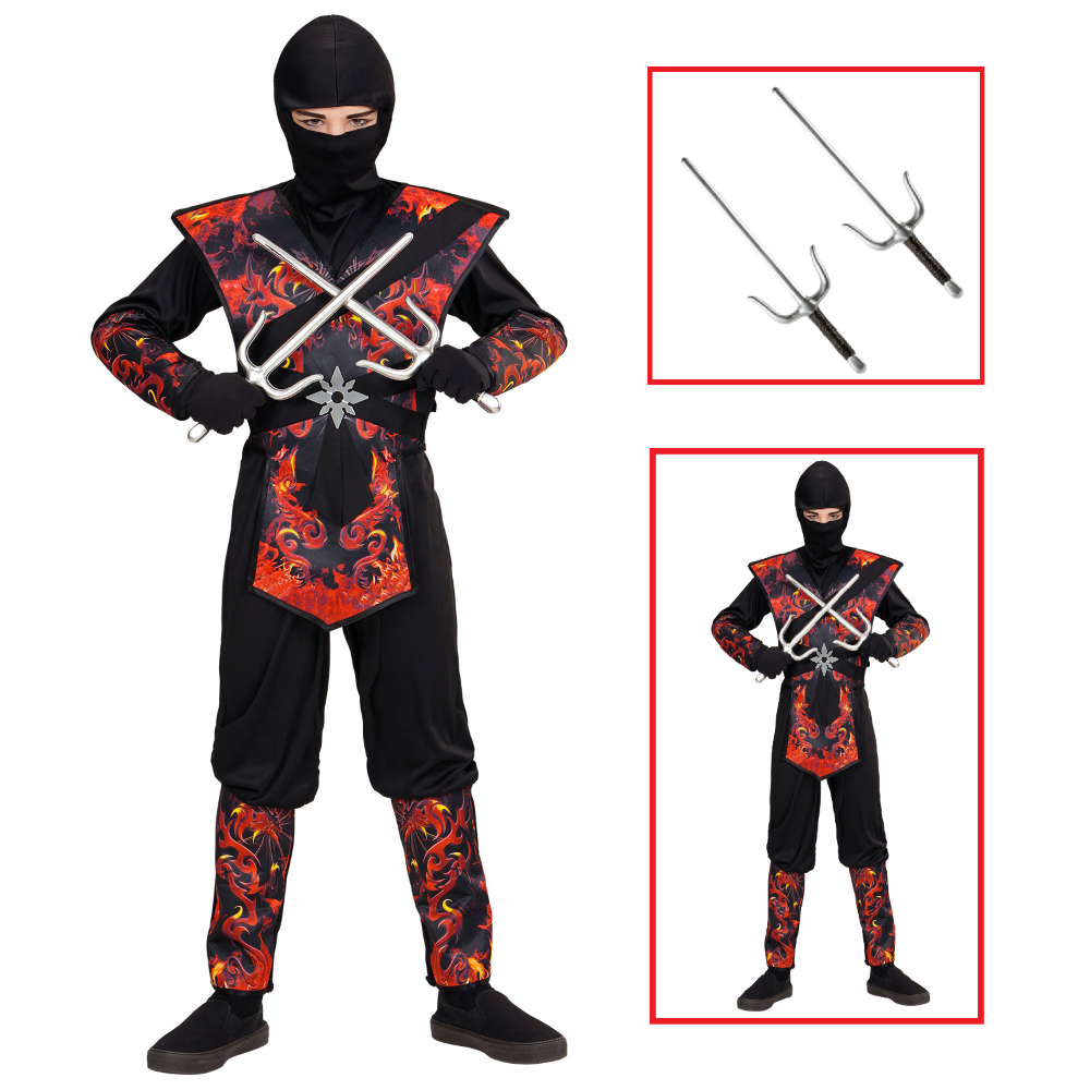 VESTITO CARNEVALE + ACCESSORI NINJA DRAGO IN FIAMME SPADA SAI TRAVESTIMENTO 8/10 ANNI - 0563+8711S
