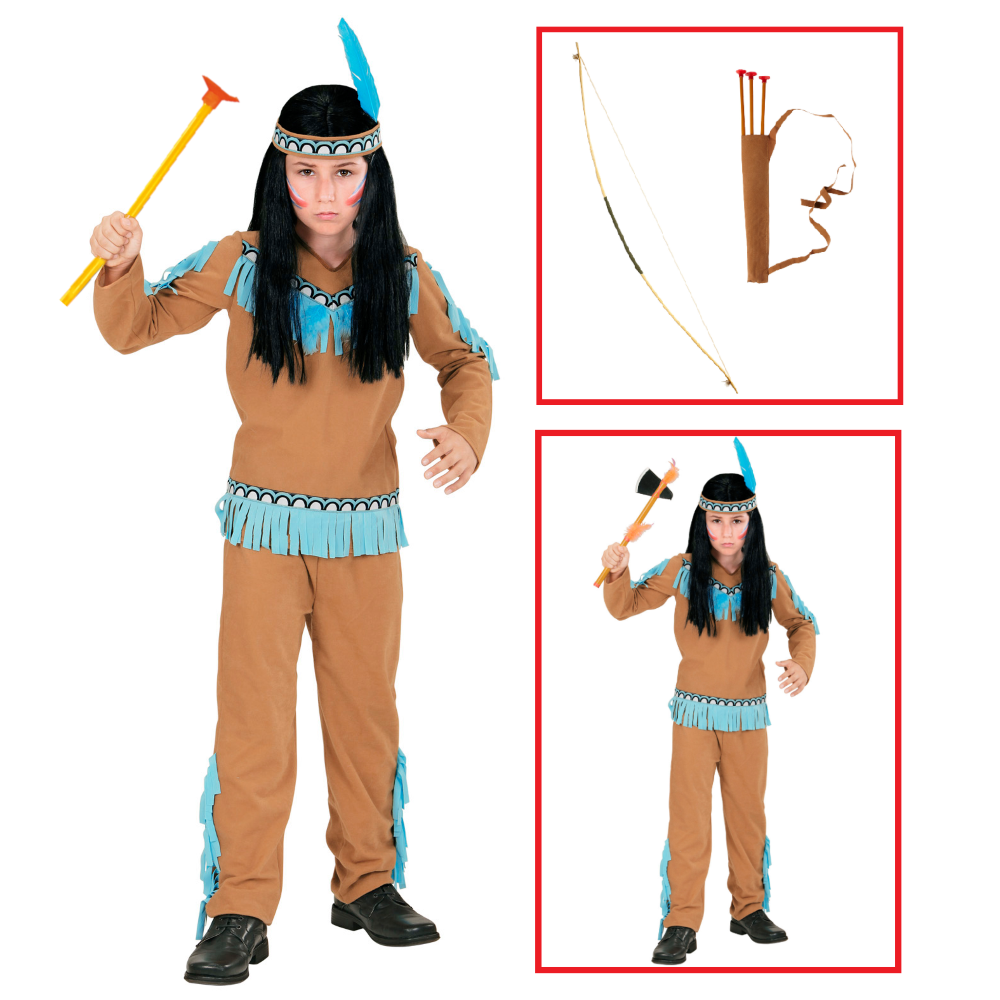 VESTITO CARNEVALE + ACCESSORI INDIANO COSTUME SET ARCIERE TRAVESTIMENTO 8/10 ANNI- 0667+27935