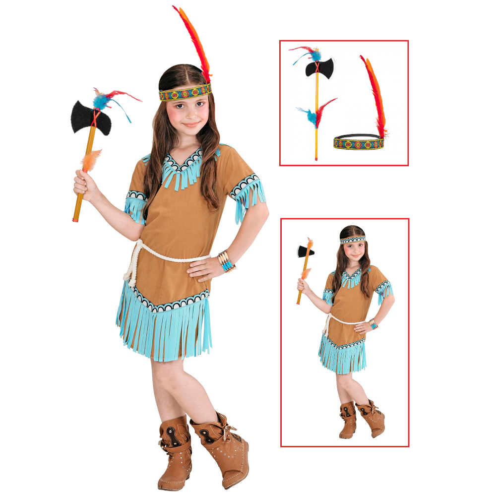 VESTITO CARNEVALE + ACCESSORI INDIANA COSTUME ASCIA E FASCIA CON PIUMA TRAVESTIMENTO 11/13 ANNI - 0665+24509