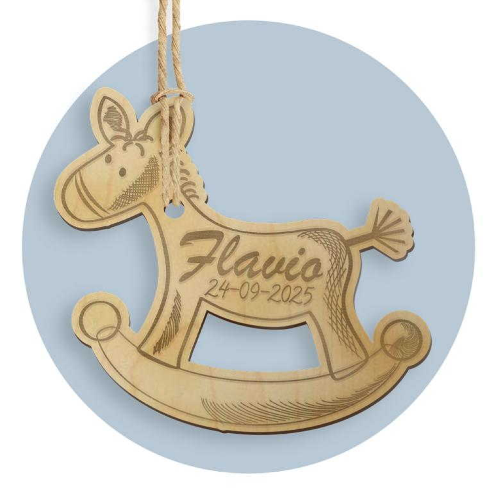 TAG IN LEGNO PER BOMBONIERE CAVALLO A DONDOLO SEGNAPOSTO ETICHETTA PERSONALIZZABILE PER FESTE E CERIMONIE - TLF0011