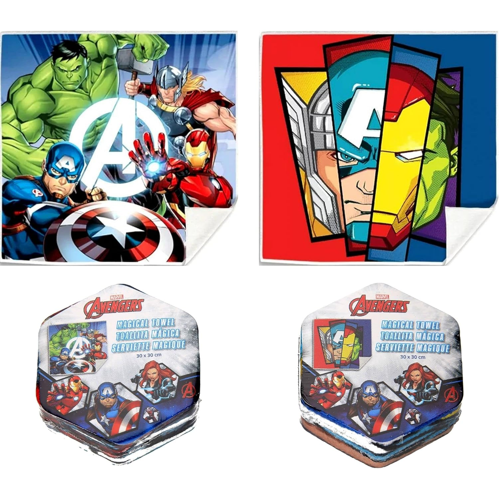 SET TOVAGLIETTE 2 PEZZI AVENGERS MARVEL ASCIUGAMANO MAGICHE IN TESSUTO CM. 30X30 - MV15744