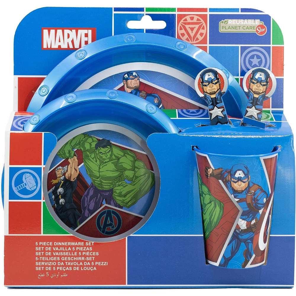 SET PAPPA 5 PEZZI AVENGERS MARVEL PIATTI BICCHIERE POSATE CONFEZIONE REGALO - ST74115