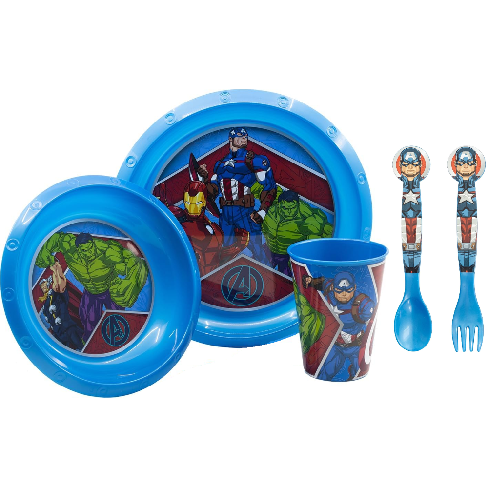 SET PAPPA 5 PEZZI AVENGERS MARVEL PIATTI BICCHIERE POSATE CONFEZIONE REGALO - ST74115