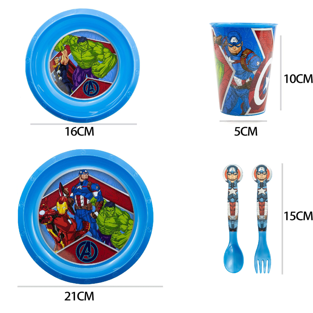 SET PAPPA 5 PEZZI AVENGERS MARVEL PIATTI BICCHIERE POSATE CONFEZIONE REGALO - ST74115