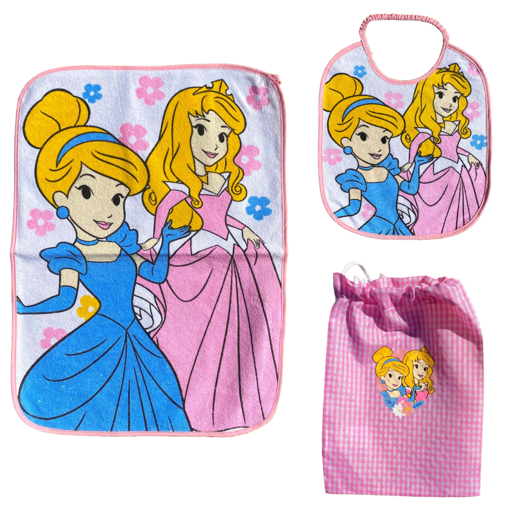 SET ASILO 3 PEZZI PRINCIPESSE DISNEY BAVETTA CON ELASTICO TOVAGLIETTA SACCA - PRI1002