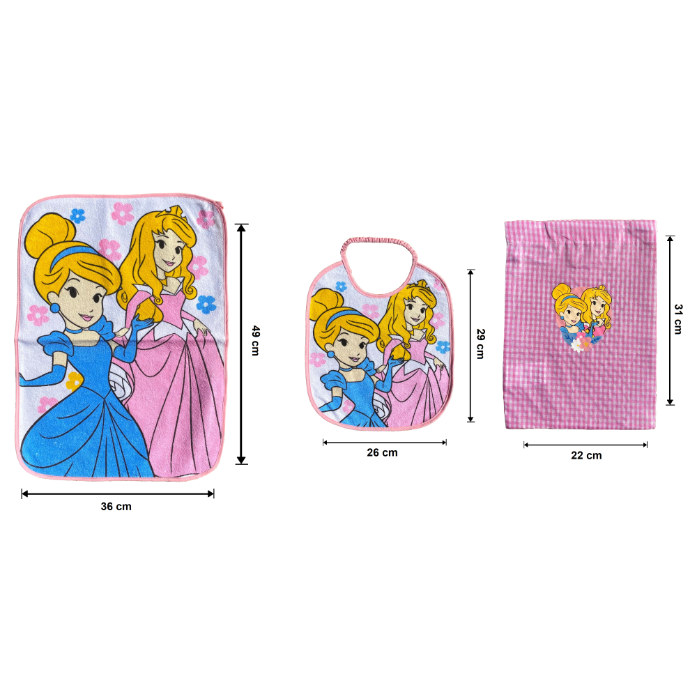 SET ASILO 3 PEZZI PRINCIPESSE DISNEY BAVETTA CON ELASTICO TOVAGLIETTA SACCA - PRI1002