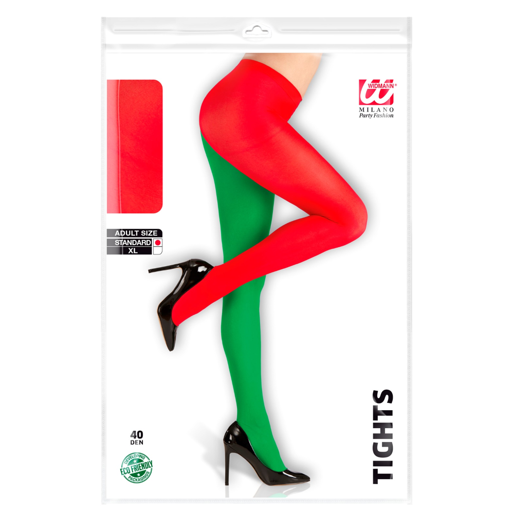 CALZE BICOLORE ROSSO/VERDE 40 DEN TG UNICA ADULTO ACCESSORIO TRAVESTIMENTO HALLOWEEN