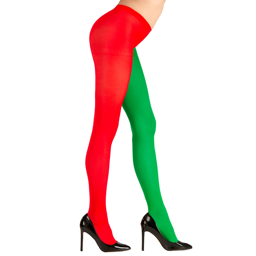 CALZE BICOLORE ROSSO/VERDE 40 DEN TG UNICA ADULTO ACCESSORIO TRAVESTIMENTO HALLOWEEN