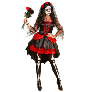 COSTUME CON ACCESSORI SPOSA DIA DE LOS MUERTOS CALZE TRUCCO BOUQUET TRAVESTIMENTO HALLOWEEN S - 0611+01307+03235+02409