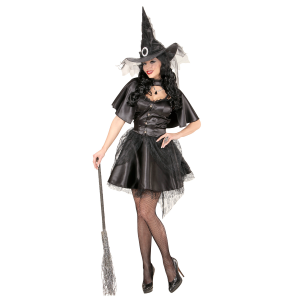 COSTUME CON ACCESSORI STREGA VESTITO CALZE A RETE SCOPA 89 CM TRAVESTIMENTO HALLOWEEN ADULTO S - 0631+4750R+9835W