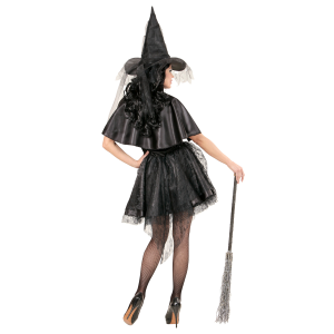 COSTUME CON ACCESSORI STREGA VESTITO CALZE A RETE SCOPA 89 CM TRAVESTIMENTO HALLOWEEN ADULTO S - 0631+4750R+9835W
