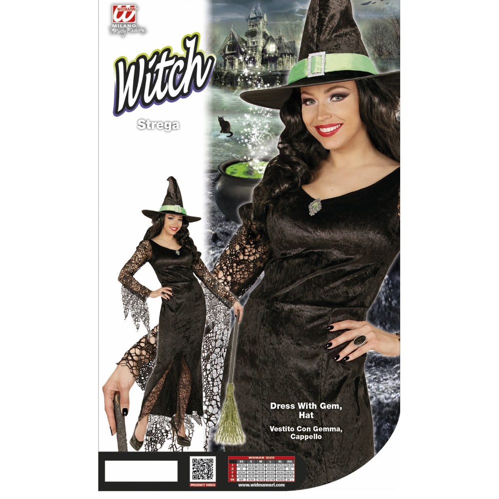 COSTUME CON ACCESSORI STREGA VESTITO CAPPELLO SCOPA TRAVESTIMENTO HALLOWEEN ADULTO L - 0650+9835W
