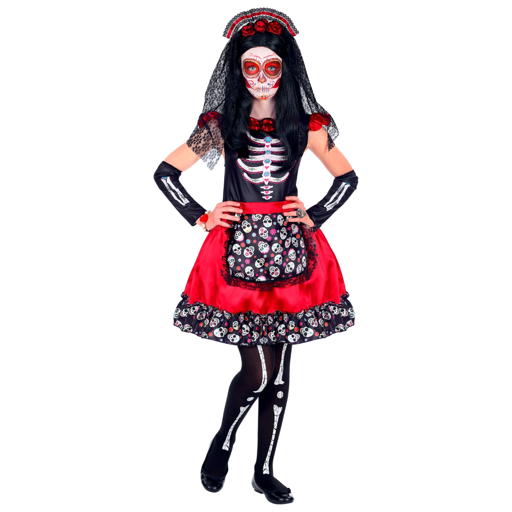 COSTUME CON ACCESSORI MUJER DIA DE LOS MUERTOS VESTITO BOUQUET CALZE TRUCCO TRAVESTIMENTO HALLOWEEN 11/13 ANNI - 0691+03235+30018+02409