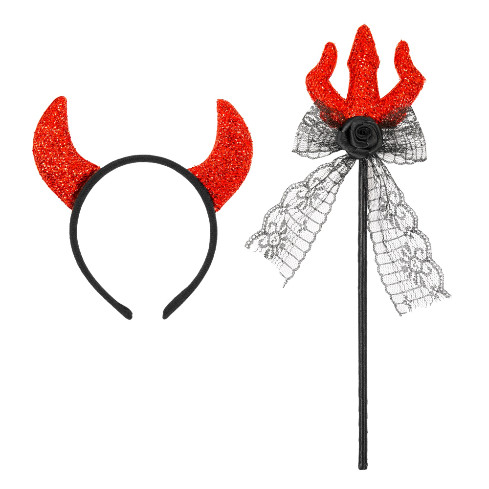 SET TRAVESTIMENTO DIAVOLO TRIDENTE E CERCHIETTO ACCESSORI PER ABITO VESTITO CARNEVALE HALLOWEEN - 10321