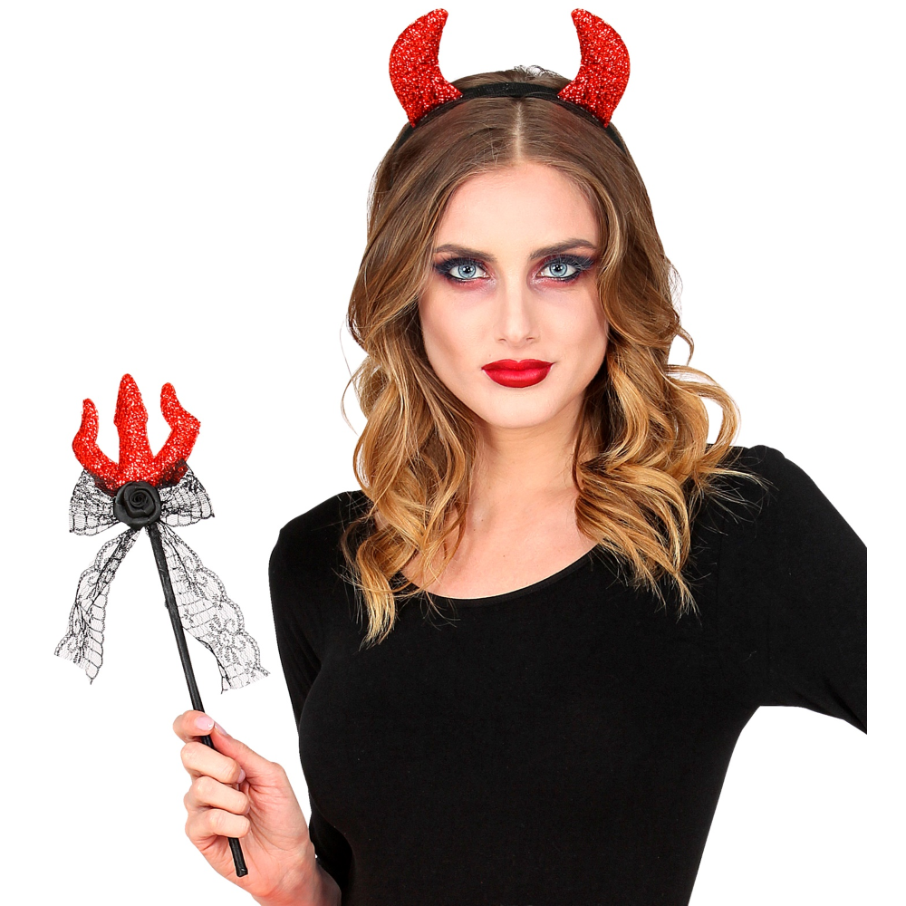 SET TRAVESTIMENTO DIAVOLO TRIDENTE E CERCHIETTO ACCESSORI PER ABITO VESTITO CARNEVALE HALLOWEEN - 10321
