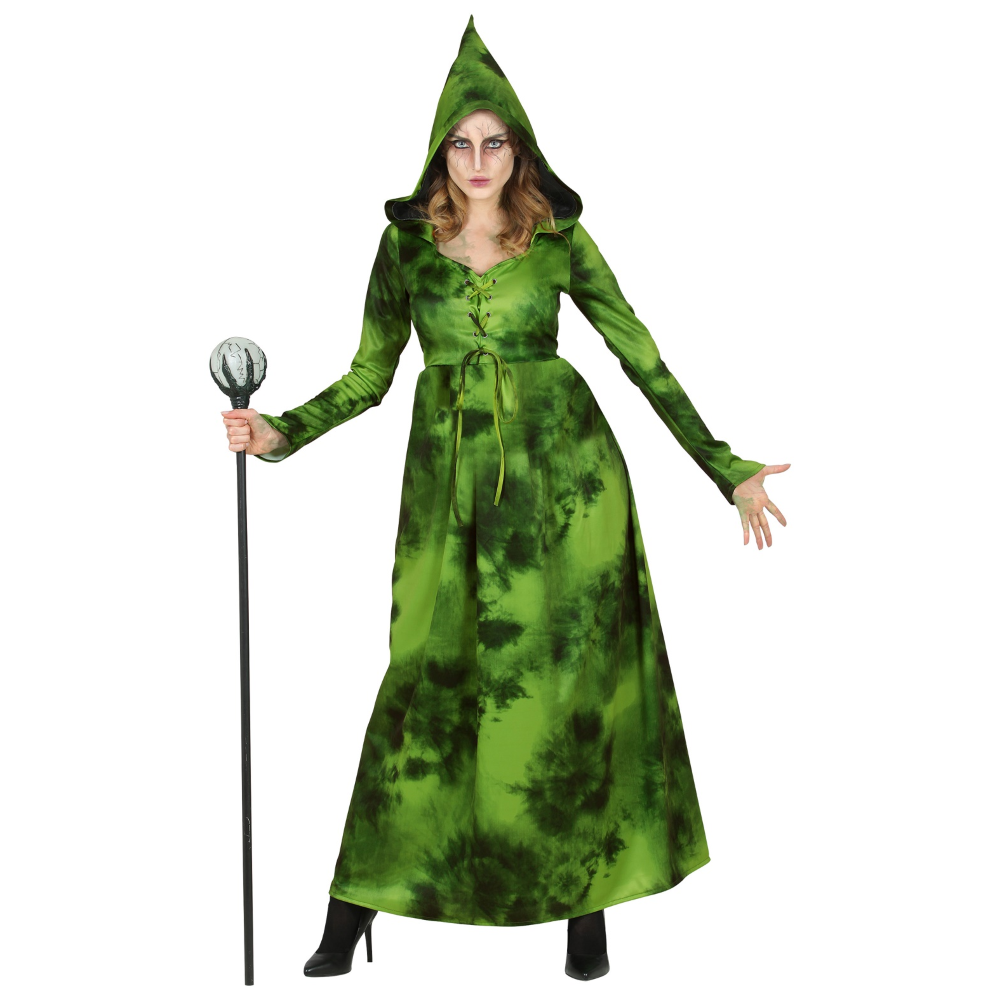 COSTUME CON ACCESSORI STREGA DELLA FORESTA ABITO CON CAPPUCCIO BASTONE MAGICO 122 CM TRAVESTIMENTO HALLOWEEN S - 1071+52815