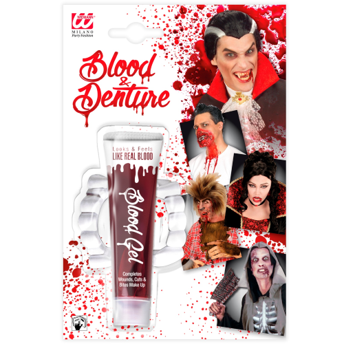 SET SANGUE IN TUBO 28 ML E DENTIERA VAMPIRO ACCESSORI TRAVESTIMENTO CARNEVALE HALLOWEEN - 4031D