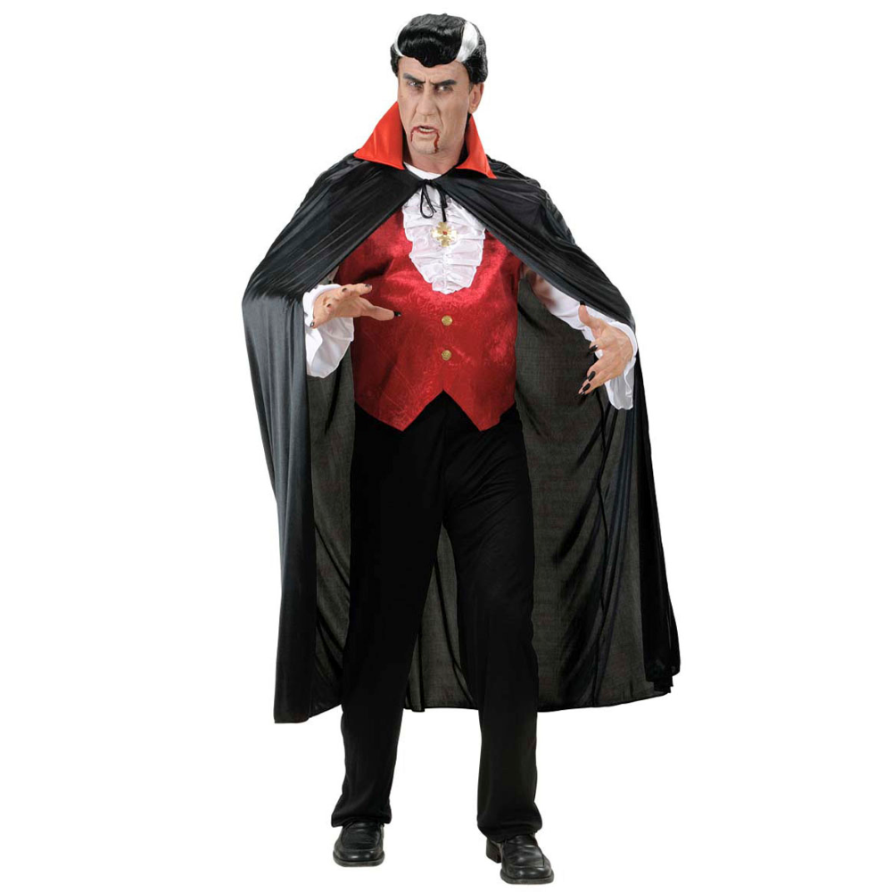 MANTELLO NERO CON COLLETTO ROSSO ACCESSORI PER TRAVESTIMENTO CARNEVALE HALLOWEEN - 4494S