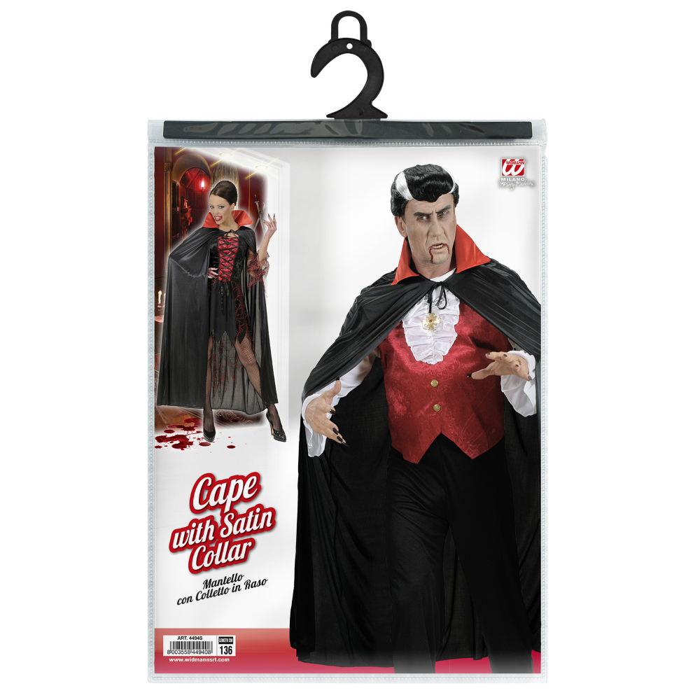 MANTELLO NERO CON COLLETTO ROSSO ACCESSORI PER TRAVESTIMENTO CARNEVALE HALLOWEEN - 4494S