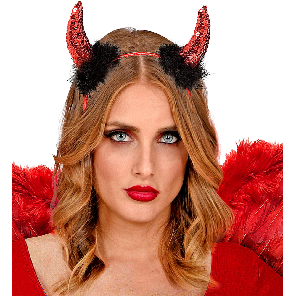 CERCHIETTO CORNA IN PAILLETTES ROSSE ACCESSORI TRAVESTIMENTO CARNEVALE HALLOWEEN - 5493D