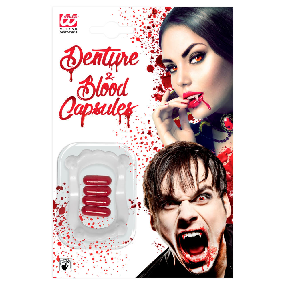 DENTI DA VAMPIRO CON 4 CAPSULE DI SANGUE ACCESSORI TRAVESTIMENTO HALLOWEEN CARNEVALE - 91702