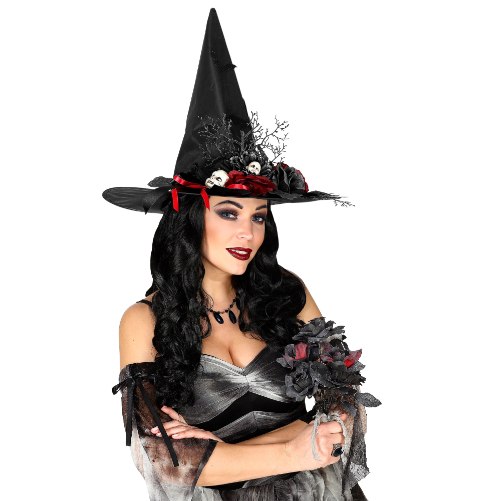BOUQUET SPOSA HALLOWEEN CON ROSE NERE E ROSSE ACCESSORI TRAVESTIMENTO CARNEVALE - 03235