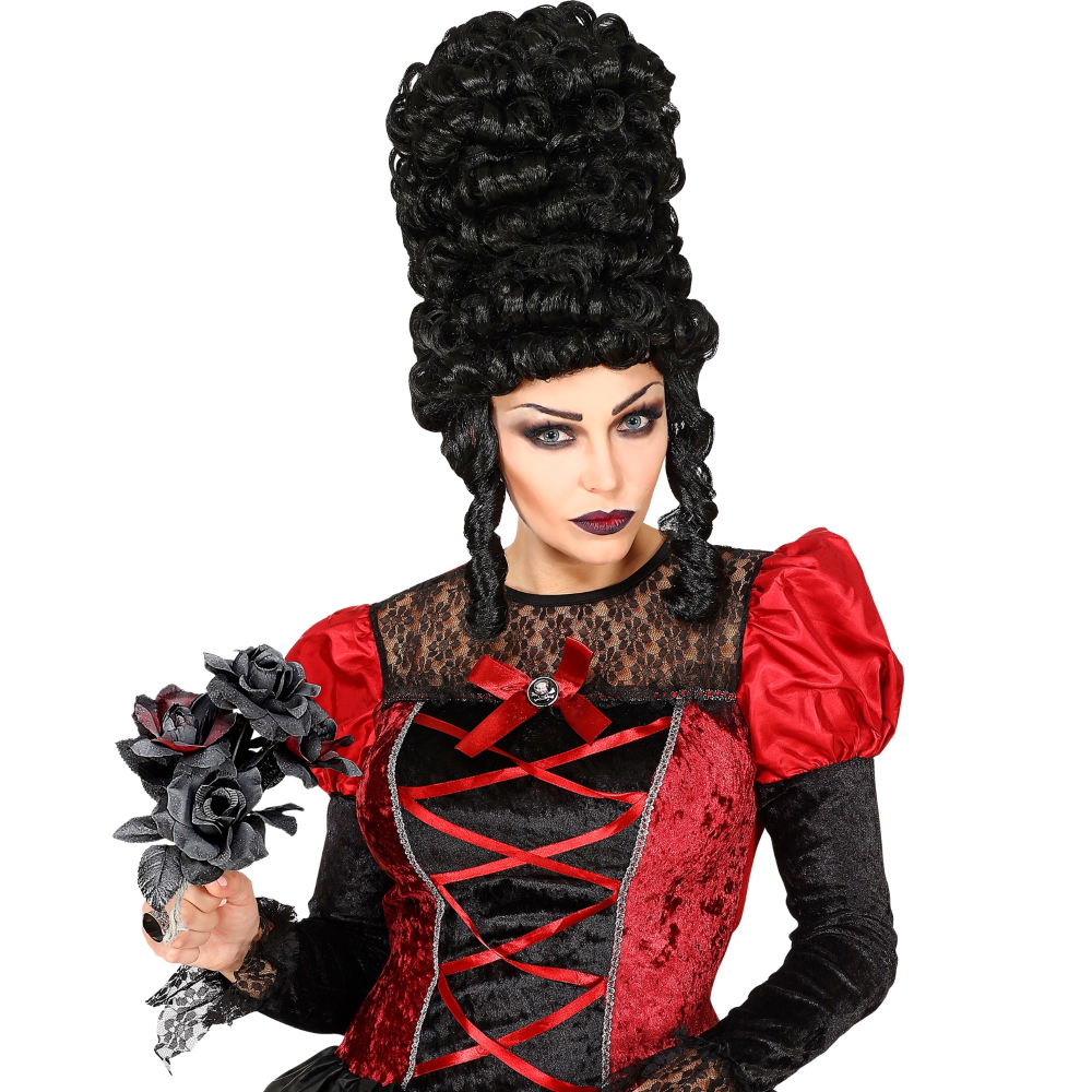 BOUQUET SPOSA HALLOWEEN CON ROSE NERE E ROSSE ACCESSORI TRAVESTIMENTO CARNEVALE - 03235