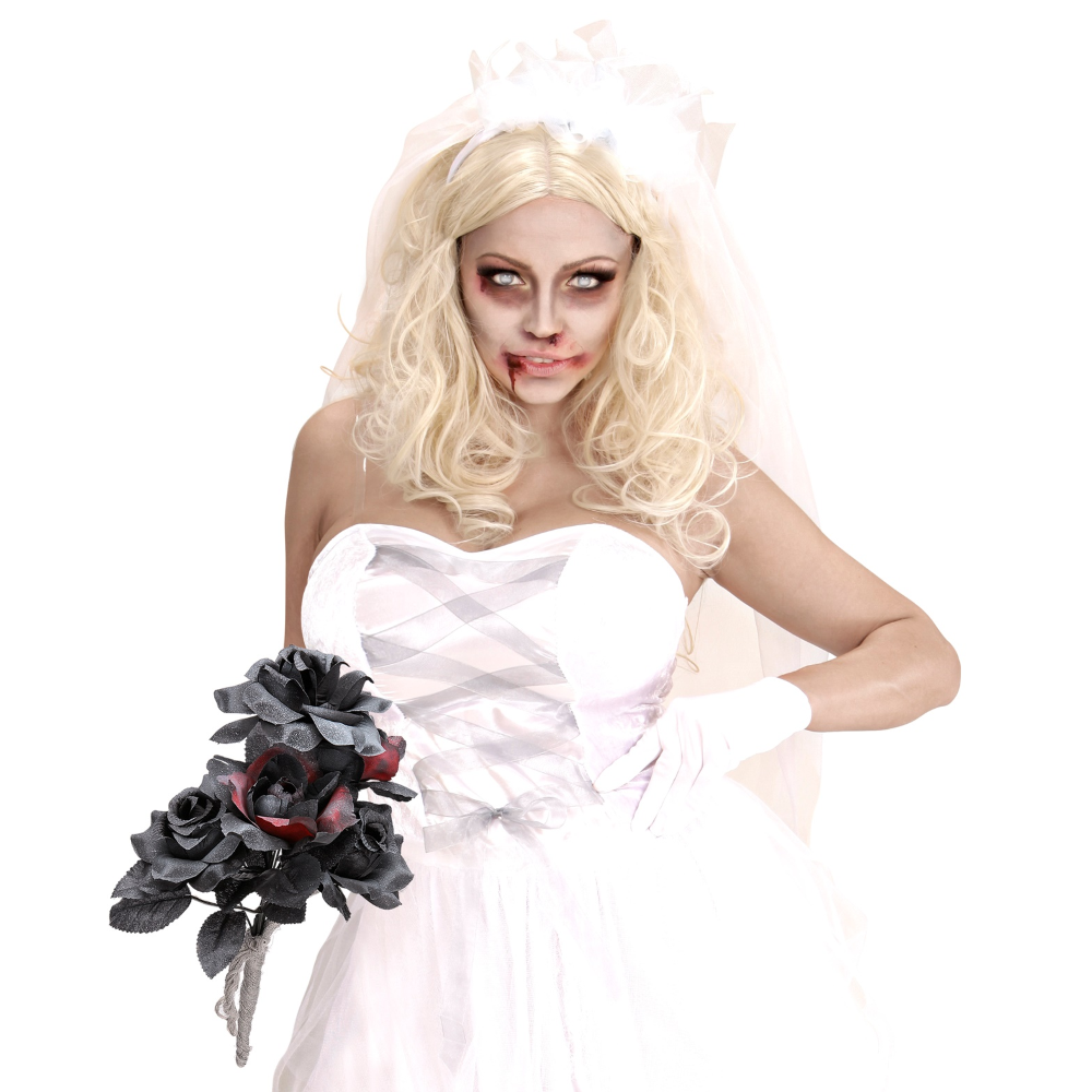 BOUQUET SPOSA HALLOWEEN CON ROSE NERE E ROSSE ACCESSORI TRAVESTIMENTO CARNEVALE - 03235
