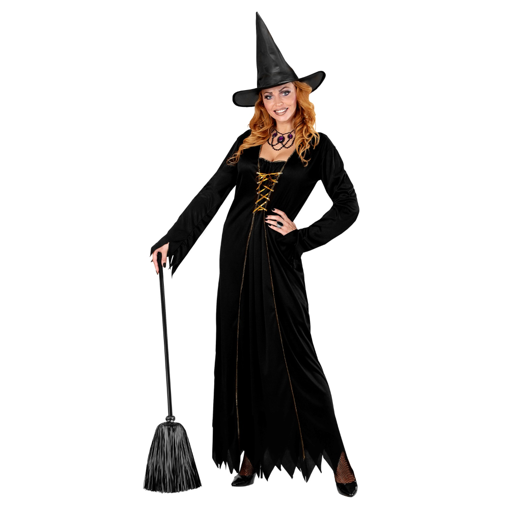 SCOPA STREGA IN FILI DI LAMÉ NERI 92 CM ACCESSORI HALLOWEEN CARNEVALE - 52782