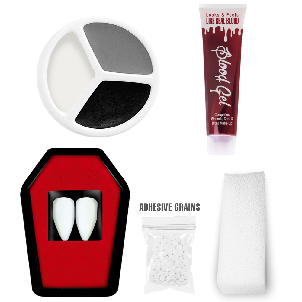 SET TRUCCO VAMPIRO CON SANGUE E CANINI ACCESSORI TRAVESTIMENTO HALLOWEEN CARNEVALE - 4100V