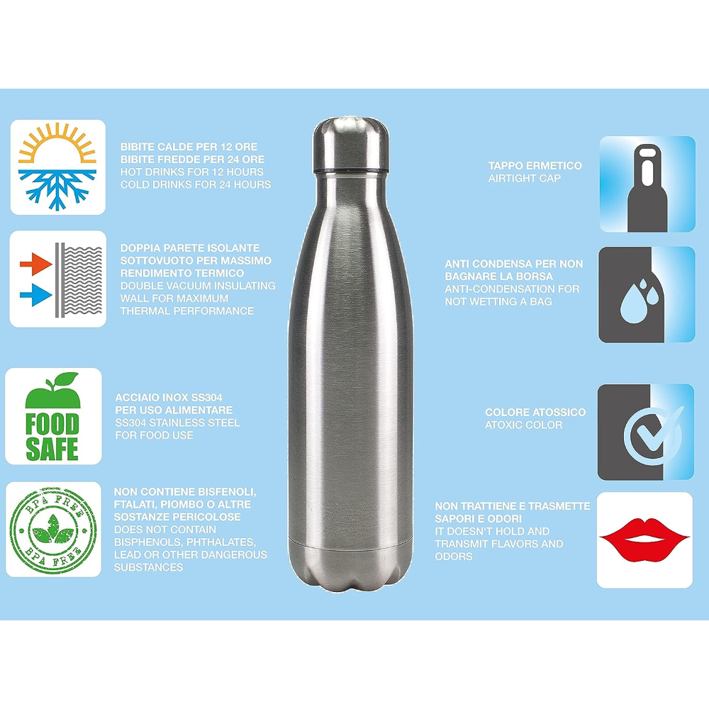 BOTTIGLIA TERMICA H2O BORRACCIA IN ACCIAIO INOX 750 ML ISOTERMICA 24H FREDDA 12H CALDO - AG1231