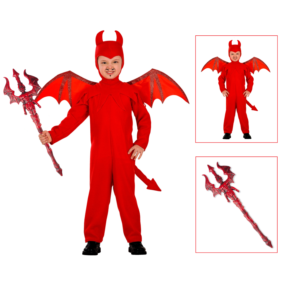 VESTITO CARNEVALE CON ACCESSORI DIAVOLO TRIDENTE TRAVESTIMENTO HALLOWEEN 4/5 ANNI - 4192+6976D